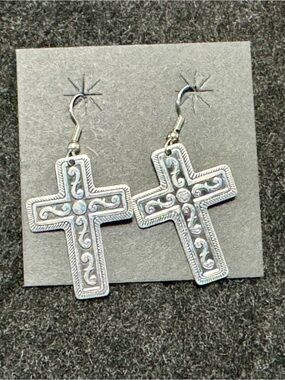 Polished Silver Tone Cross Earrings